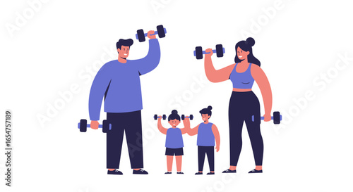 Family fitness fun: Parents and kids lifting weights for a healthy lifestyle together