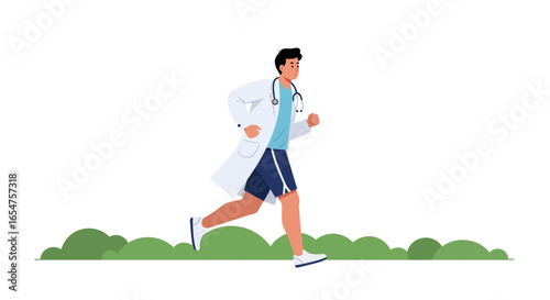 Energetic doctor running outdoors during morning exercise for healthy lifestyle concept