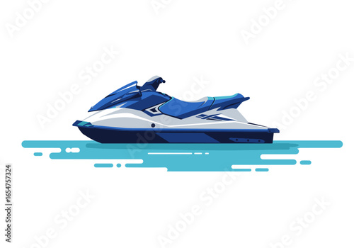 A blue and white jet ski floats on stylized light blue water against a plain white background