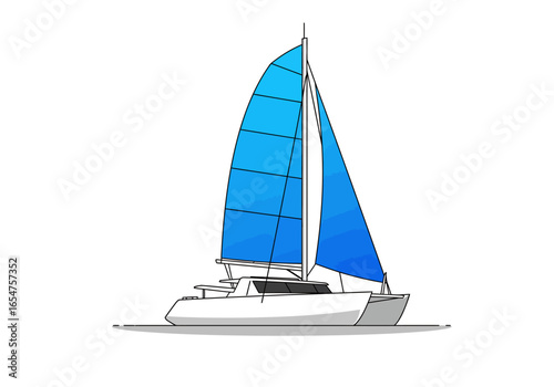 A bluesailed catamaran whitehulled stands on a gray surface