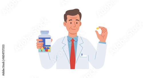 Doctor holding pills and medicine bottle, healthcare, pharmaceutical, medical concept
