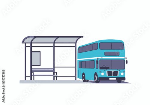 A blue doubledecker bus is stopped at a bus stop shelter