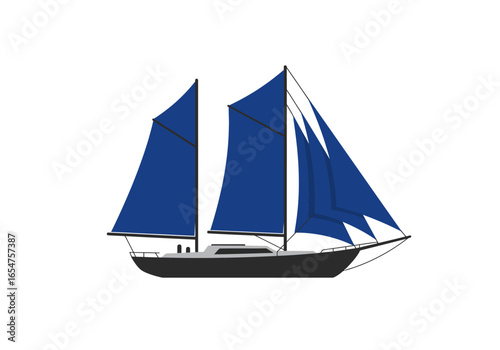 A bluesailed sailboat featuring a black hull and gray cabin on a white background