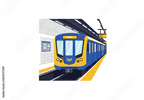 A blue  yellow metro train stops at a subway station ready to board passengers