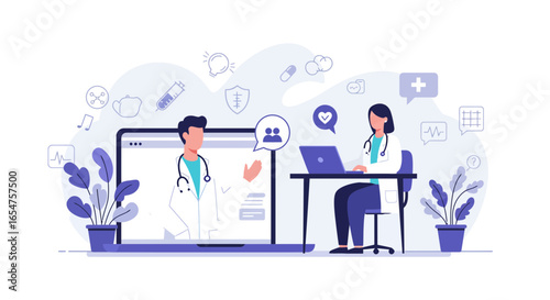 Telemedicine consultation with doctor on laptop, medical advice, online healthcare, modern design