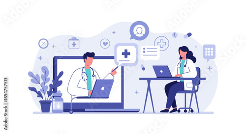 Telemedicine consultation between doctors using modern technology, healthcare, and online support
