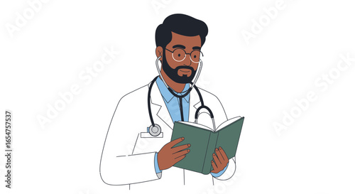 Professional doctor with stethoscope reading medical book, healthcare concept, patient care