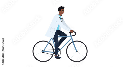 Medical professional riding bicycle, promoting healthy lifestyle and sustainable transportation