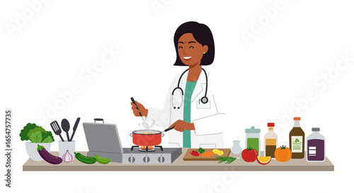 Smiling doctor cooking healthy meal with fresh ingredients in a modern kitchen setting