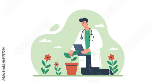 Caring doctor tending to a growing plant representing health, wellness, and nature's balance