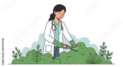 Professional woman with stethoscope gardening and pruning plants for healthy growth and design