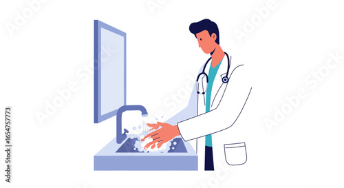 Doctor Washing Hands Thoroughly in Sink to Prevent Spread of Germs for Healthcare