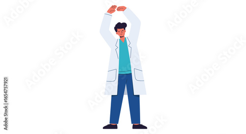 Happy doctor in white lab coat stretching arms after work, healthcare concept