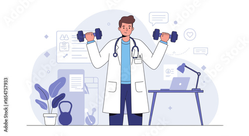 Healthy doctor lifting weights promoting wellness and modern healthcare lifestyle