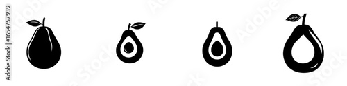 Illustration of avocados in various stages of ripeness and cut, showcasing their distinct shapes and features