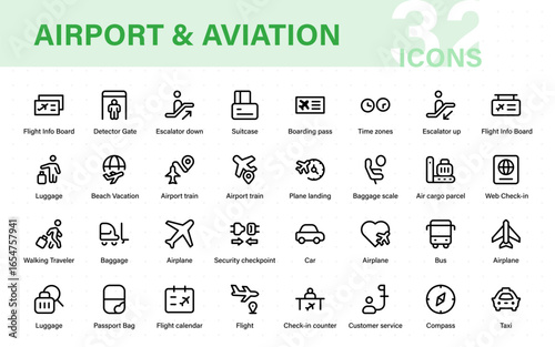 Airport vector line icon set. Contains linear outline icons like Plane, Ticket, Baggage, Seat, Wifi, Bag, Departure, Terminal, Passport, Transport, Luggage, Airplane.