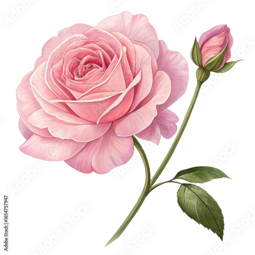 Pink Rose Bud Illustration Digital Painting, Isolated on Transparent Background, Floral, Botanical, Rose