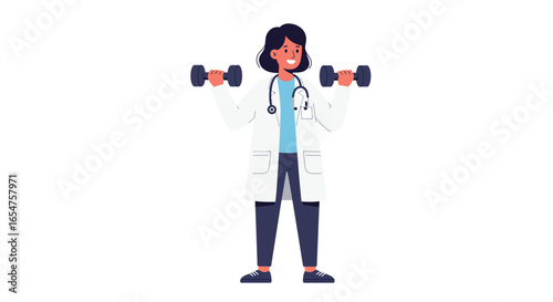 Female doctor lifting dumbbells, promoting health and wellness, fitness, and medical exercise