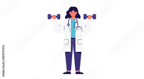 Female doctor exercising with dumbbells promoting health, fitness, and wellness in a modern style
