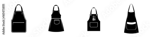 Different styles of black aprons displayed against a white background showcasing various pocket designs and features