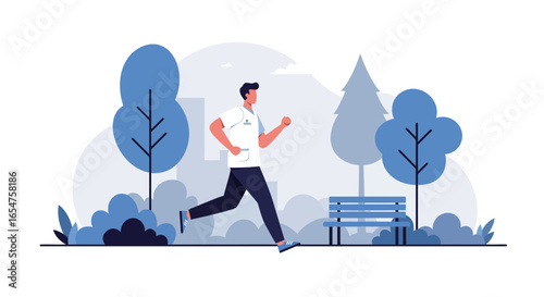 Man jogging outdoors in park with trees and bench, promoting health, fitness, and wellness
