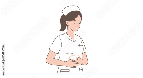 Nurse suffering from stomach ache, abdominal pain, or digestive problems needs medical assistance
