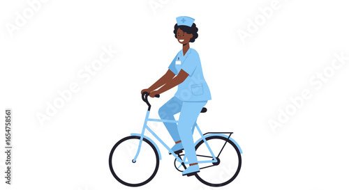 Kind nurse rides bike to work promoting eco friendly health care with a happy smile and modern uniform