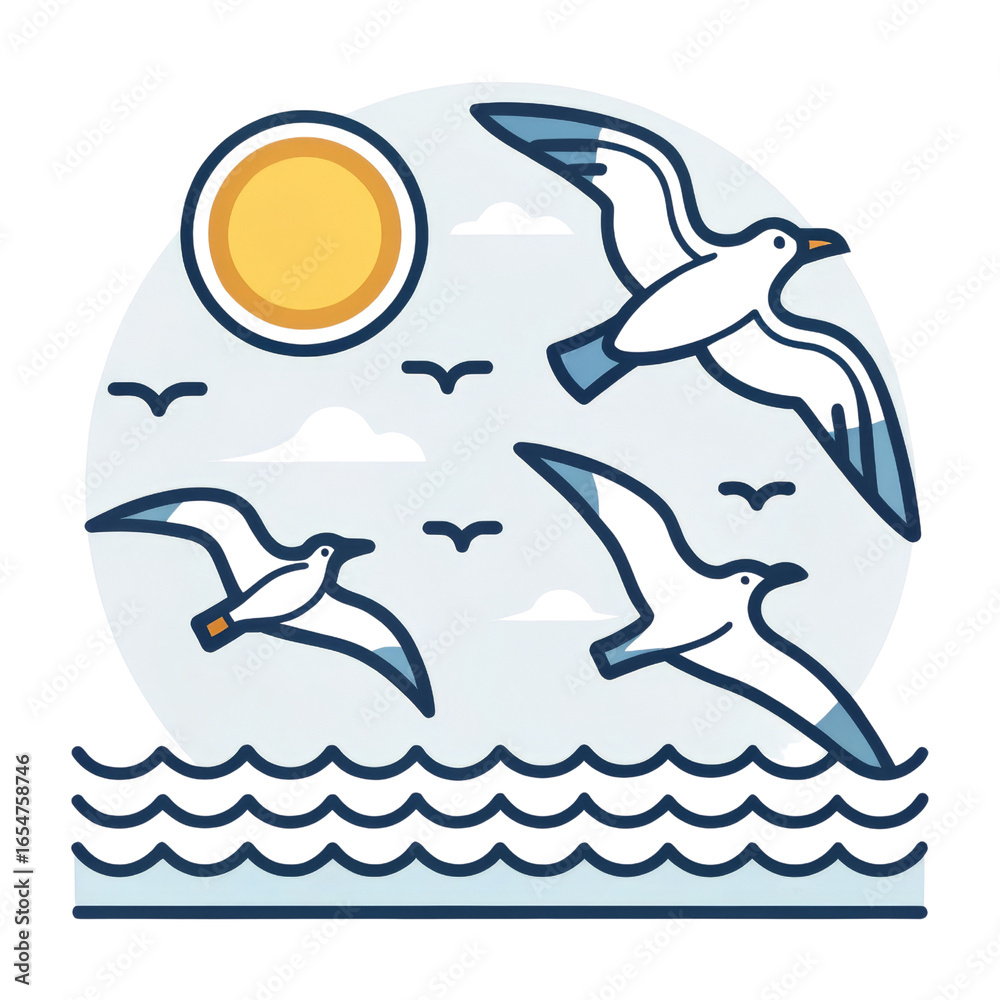 Fototapeta premium Seabirds Sunset Ocean Scene, Illustration, Isolated on Transparent Background, Seagull, Birds, Ocean