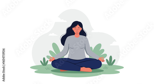 Woman meditating in peaceful nature scene, finding balance and tranquility in serene outdoor setting