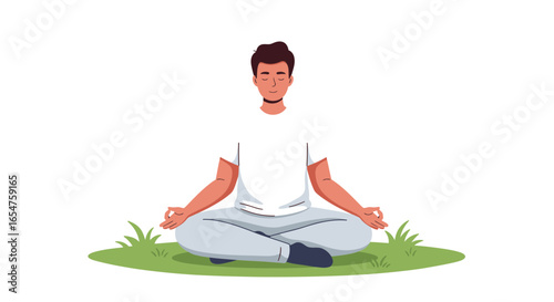 Relaxed man meditating in lotus position outdoors for wellness and calm mind, originally a scalable vector graphic