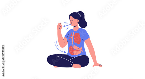 Woman practicing deep breathing exercise to improve lung health and reduce stress with internal organs shown