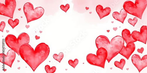 Whimsical watercolor hearts in soft pinks and reds on a romantic background,  anniversary,  celebration