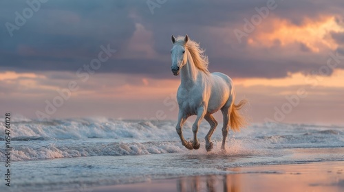 White horse running beach sunrise