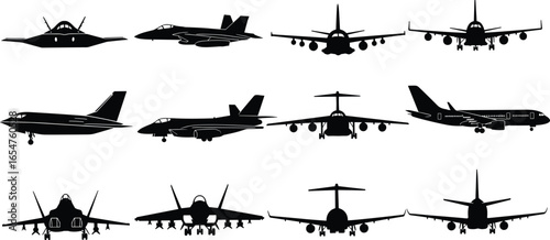 Aircraft silhouette set, military planes, commercial jets, aviation icons, black vector, airplane shapes, flight design, aircraft identification, transport graphic