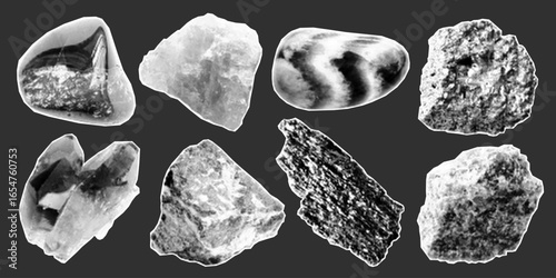 Set of a crystals, gritty halftone pattern with vintage stipple details, photocopy dust and paper cut layout for geology themes.
