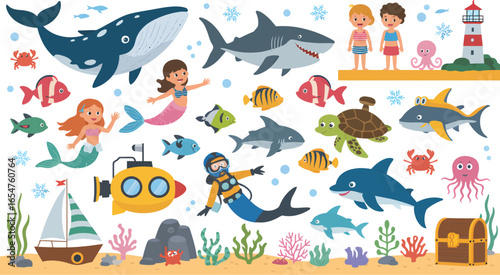 Vibrant underwater ecosystem illustration with diverse marine life, mermaids, and ocean explorers