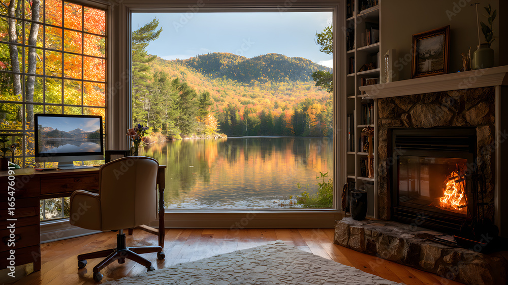 Naklejka premium An online webinar virtual meeting background showing a beautiful scenic fall lake and a cozy fireplace in an interior room, suitable for a retirement home office with a computer desk. The view from