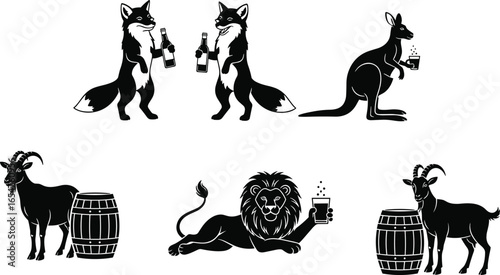 Animal illustrations, black and white drawing, alcohol interaction, fox with bottle, goat with barrel, kangaroo drinking, lion with glass, beverage concept, humorous animals, vector design,    
