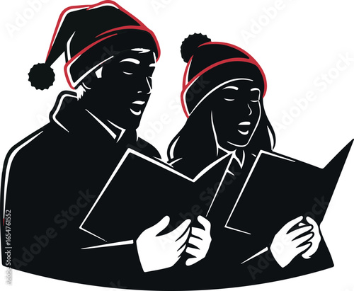 Christmas Carolers Silhouette Singing – Black and White Vector Illustration