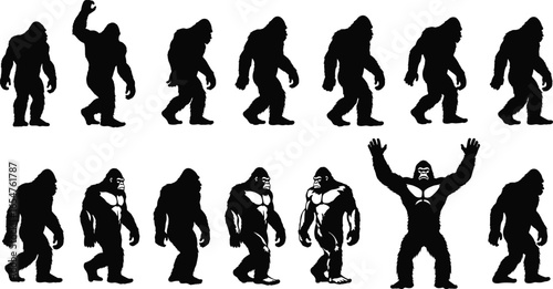 Bigfoot silhouette collection, Sasquatch poses, cryptid figure illustration, mythical creature art, walking stance, muscular detail, black and white design
