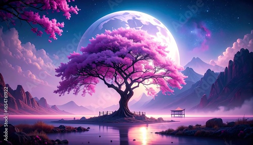 Magical blossoming tree by moonlight