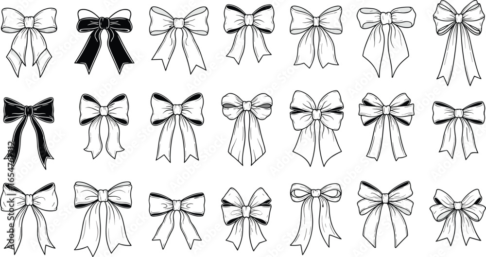 Fototapeta premium Bow illustrations, decorative design, ribbon shapes, black and white bows, loop styles, tail , gift decoration, outline bow, solid bow, , , bow collection, ornament vector, icon, , bow pattern,