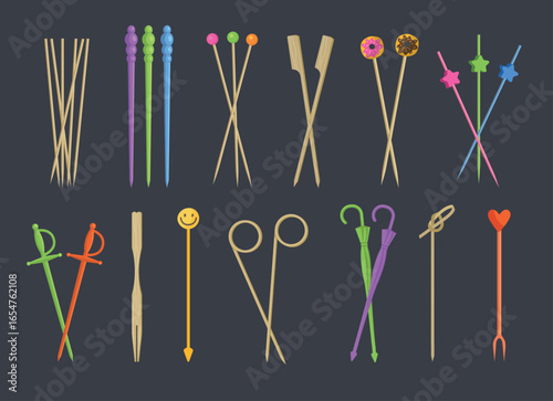 Toothpicks. Wooden canape sticks in cartoon style recent vector kitchen items collection