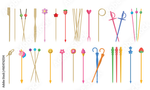 Toothpicks set. Kitchen sticks for oral hygiene recent vector canape toothpick set