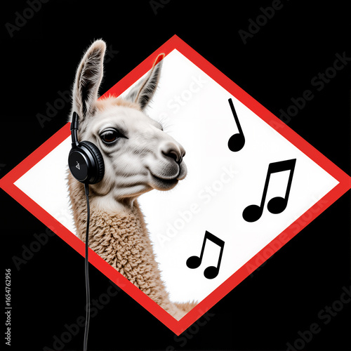 Llama listens to music with headphones — funny and stylish art design