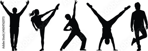 Dance silhouettes, gymnastic poses, human movement, black figures, dynamic posture, flexibility, body shapes, artistic motion, fitness concept, silhouette dancers, expressive form, acrobatic stance,  