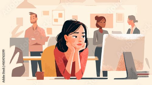 Bored employee looking at computer screen, colleagues working in the background, concept of boredom and lack of motivation at work