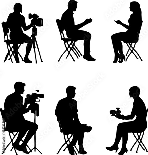 Six silhouettes of cameramen and journalists working, interviewing and filming