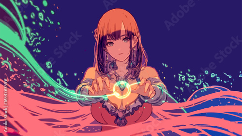 Female fantasy character conjuring powerful spell with glowing orb and colorful energy waves in magical setting