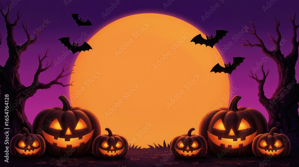 Halloween Celebration With Glowing Pumpkins and Bats Under a Full Moon at Dusk Halloween Celebration With Glowing Pumpkins and Bats Under a Full Moon at Dusk